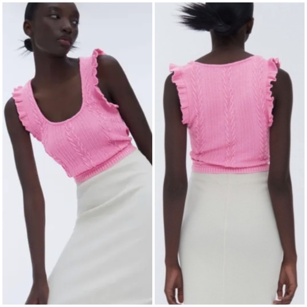 ZARA Cable Knit Crop Top Ruffles Sleeveless Pink Color Size L